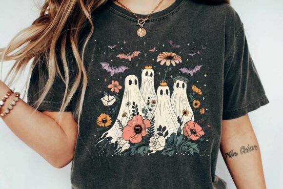 Download Vintage Cottagecore Floral Ghosts and Bats Spooky Halloween Design Png - Spooky Collection